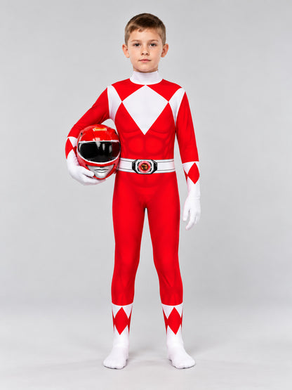 Red and White Carnival Costume Jumpsuit with Helmet Mask