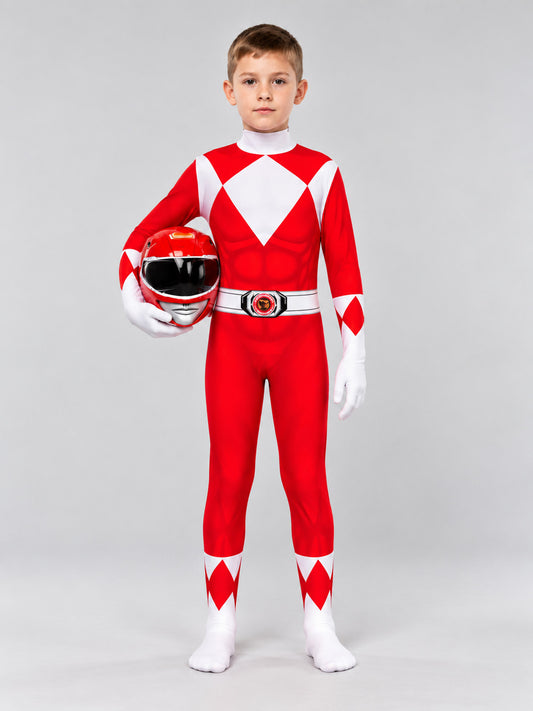 Red and White Carnival Costume Jumpsuit with Helmet Mask