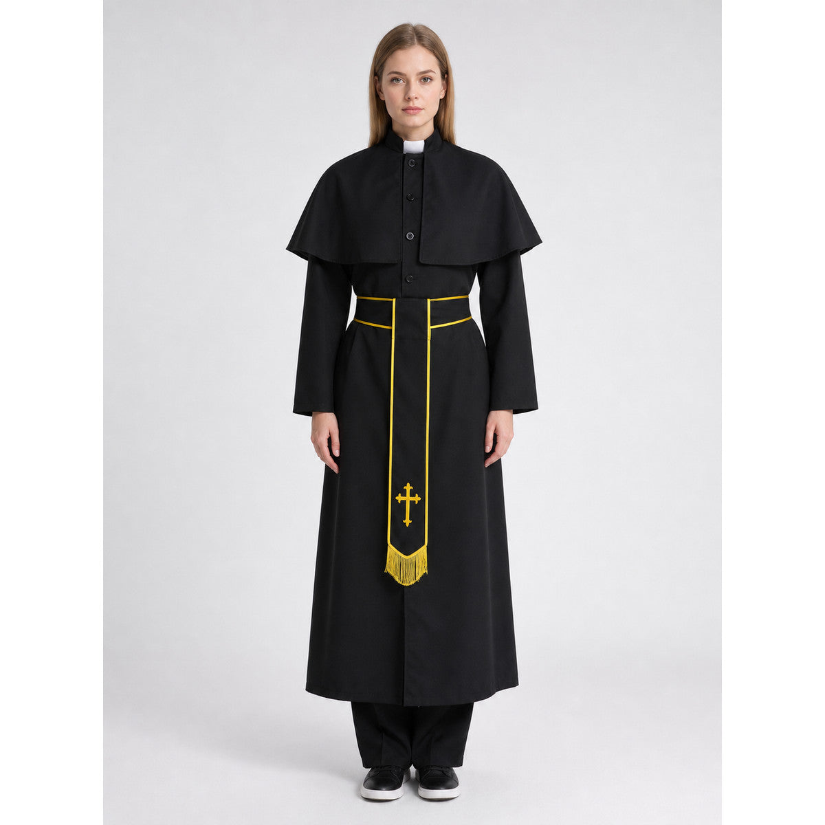 Vampire Costume: Black Robe with Belt and Cross on-model view