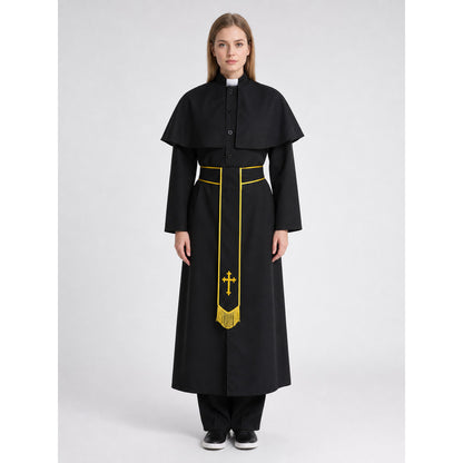 Vampire Costume: Black Robe with Belt and Cross on-model view