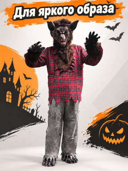 Werewolf Costume with Fur Mask and Plaid Shirt