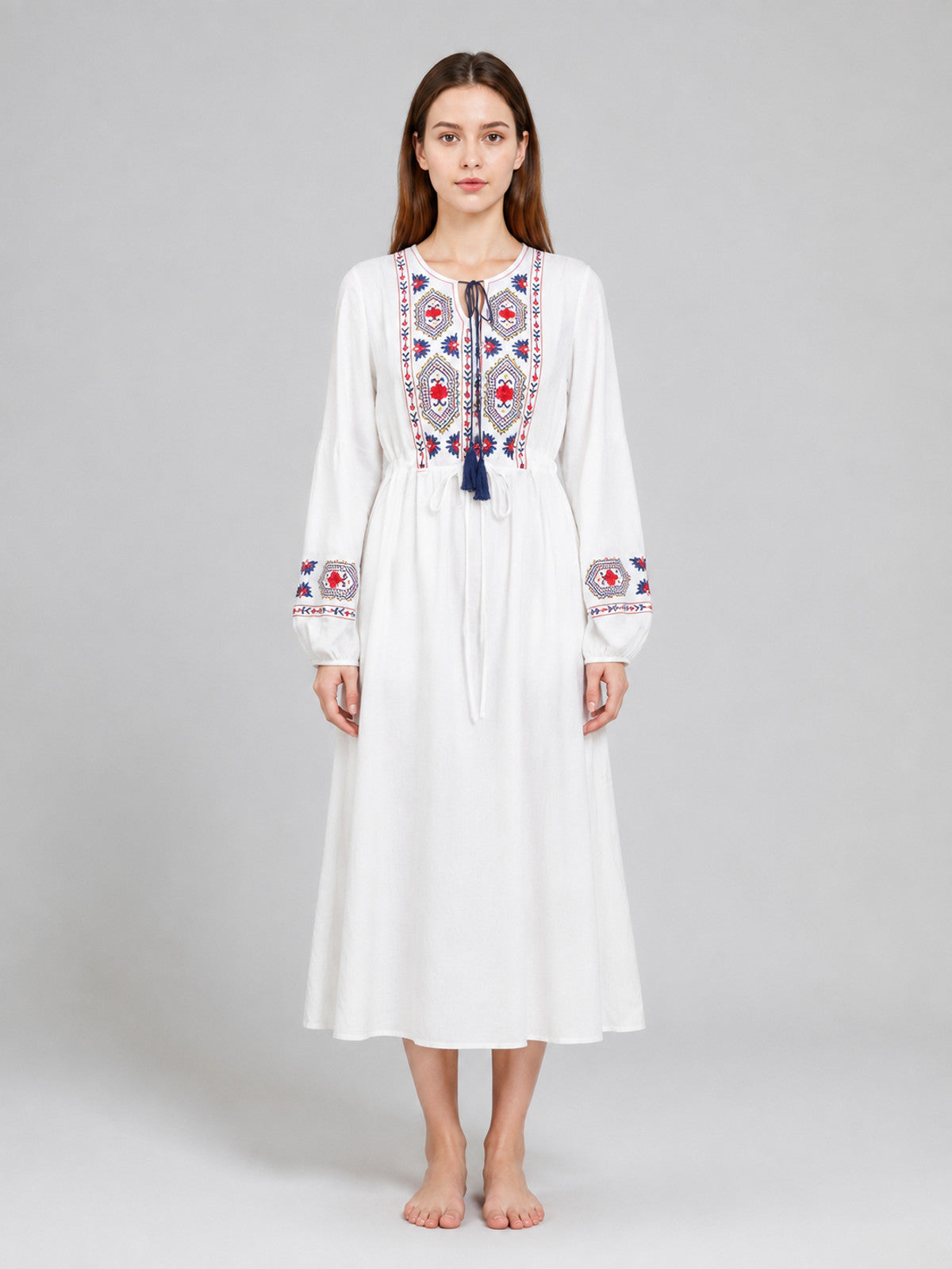 Midi Dress with Ethnic Embroidery and Tassel on-model view