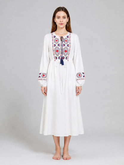 Midi Dress with Ethnic Embroidery and Tassel on-model view
