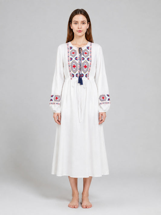 Midi Dress with Ethnic Embroidery and Tassel on-model view