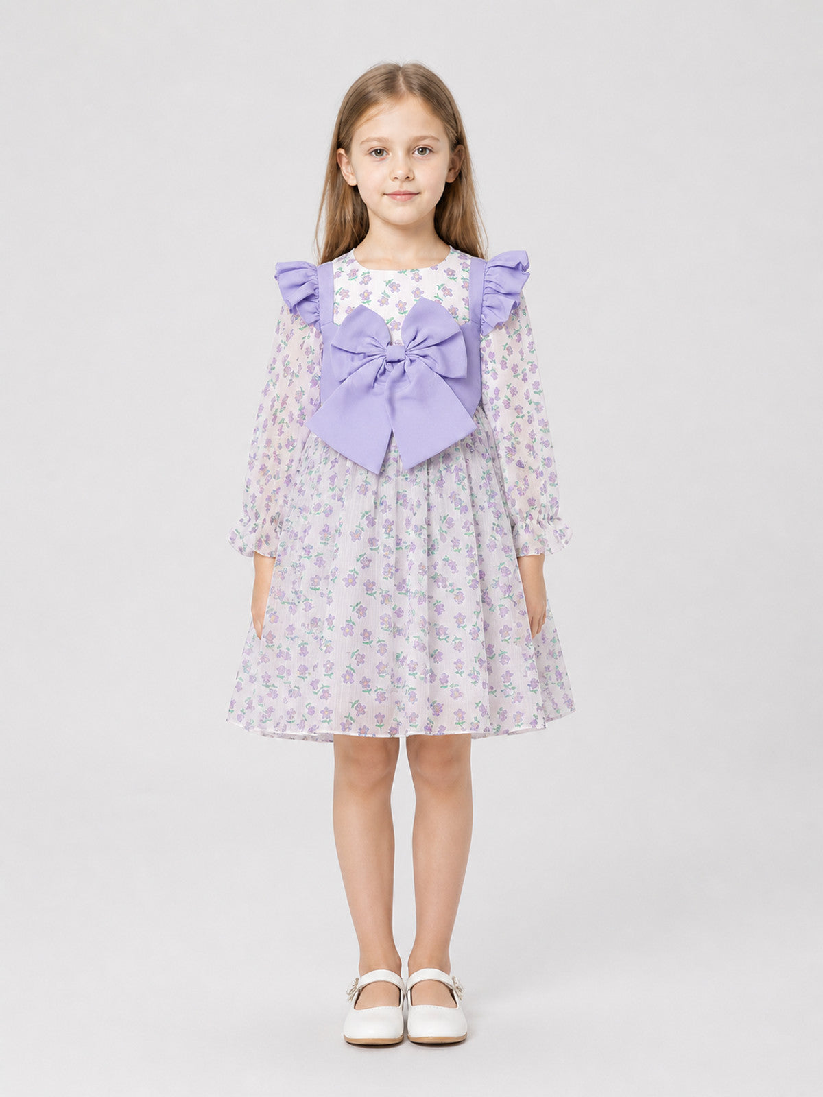 Children's princess dress with floral print and bow on-model view