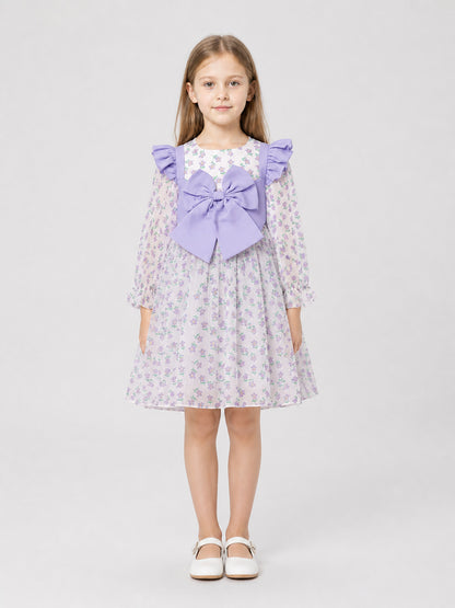 Children's princess dress with floral print and bow on-model view