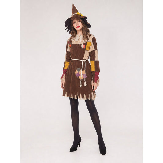 Scarecrow Costume with Patchwork Trim and Hat