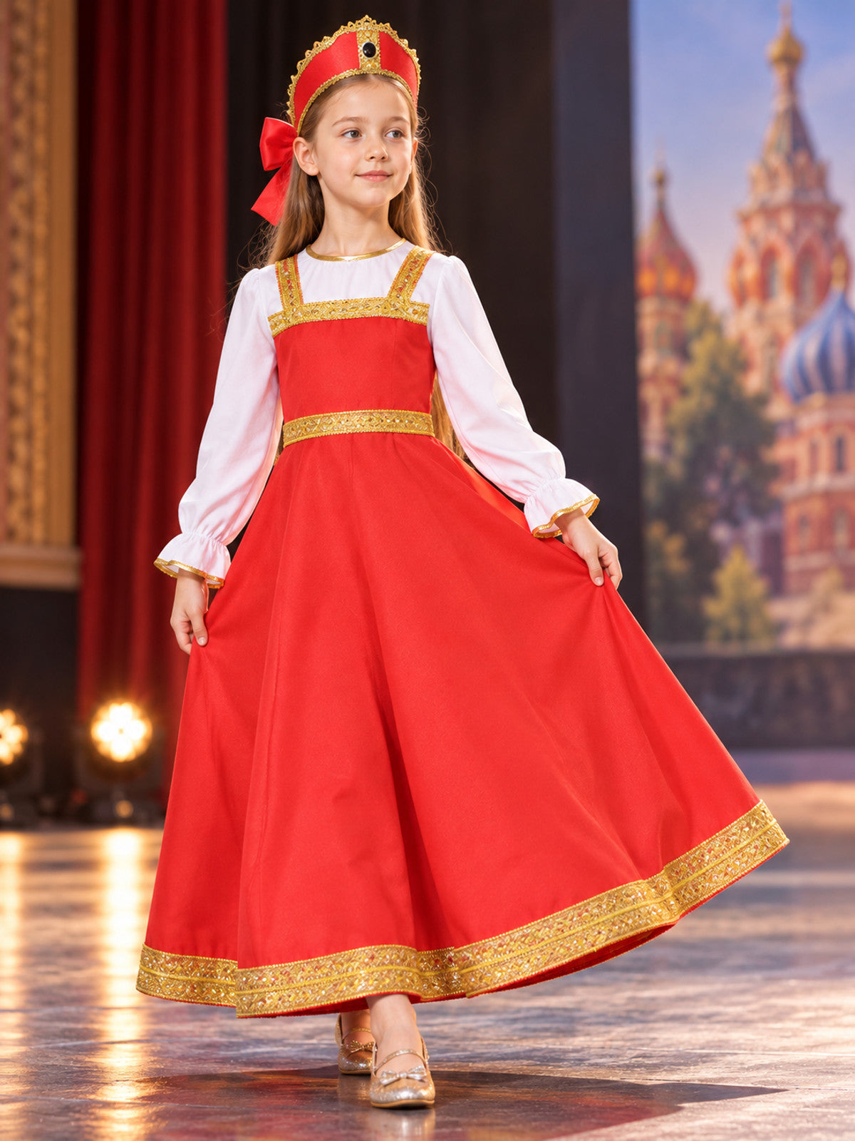 gold children_red_ethnic_stage_dress_with_head_accessory product image