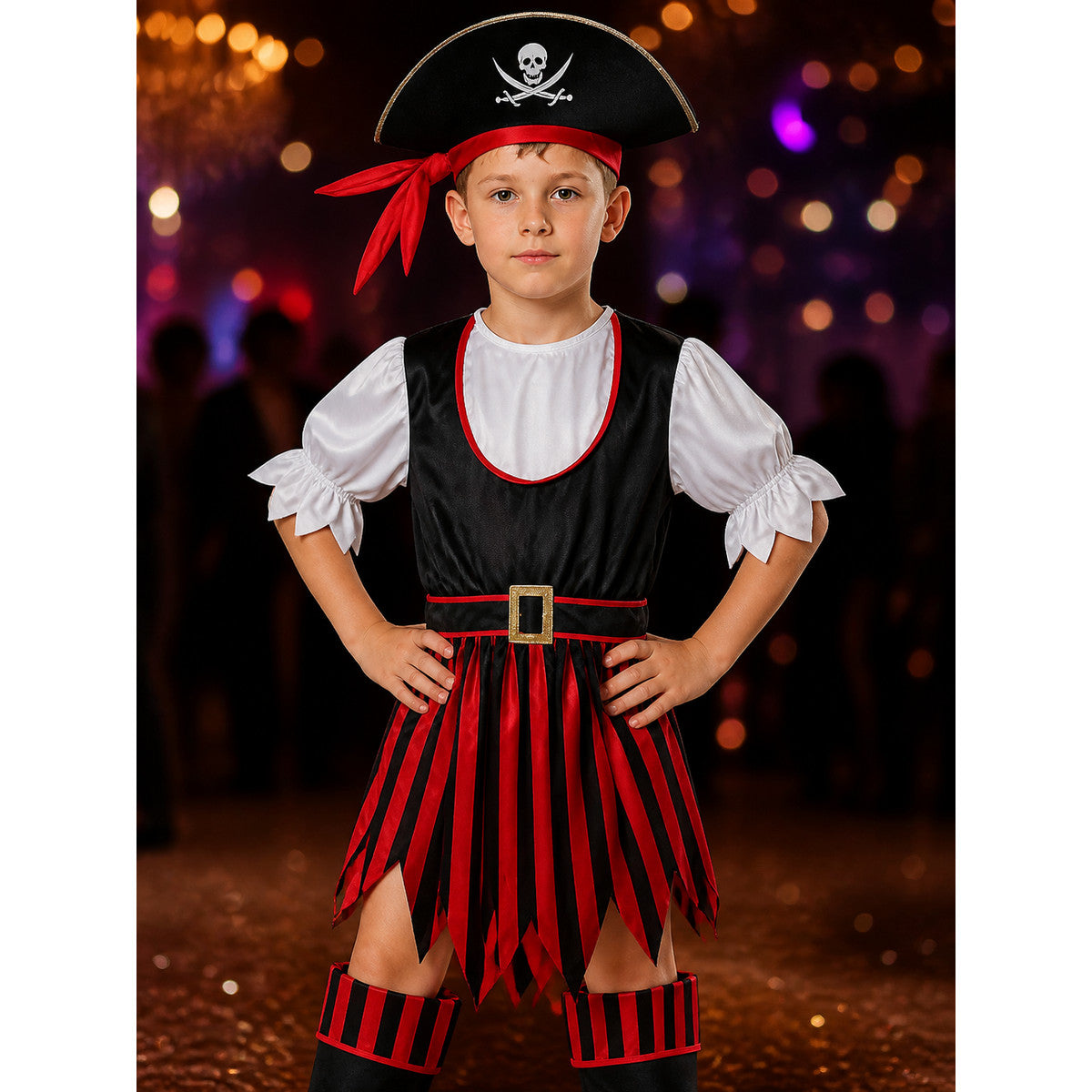 Boys Pirate Halloween Costume Set with Tricorn Hat, Headscarf & Boot Covers on-model view