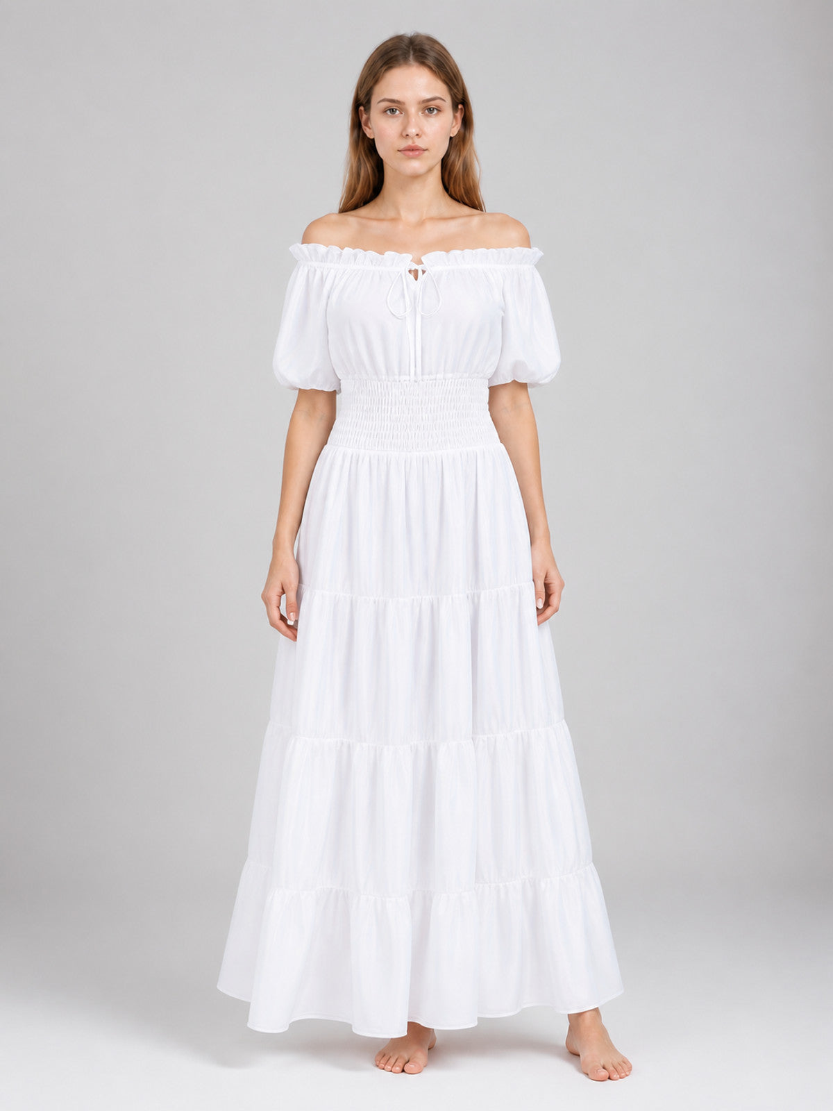 White Floor-Length Dress with Puff Sleeves on-model view