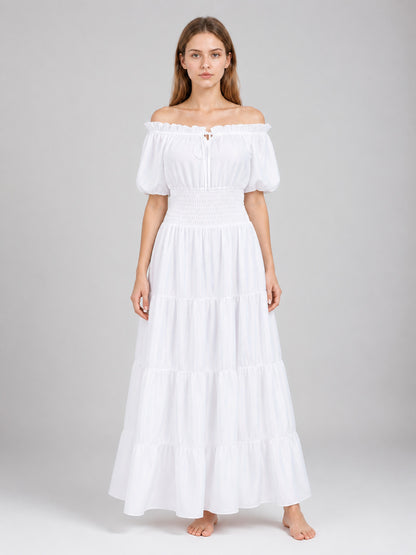 White Floor-Length Dress with Puff Sleeves on-model view
