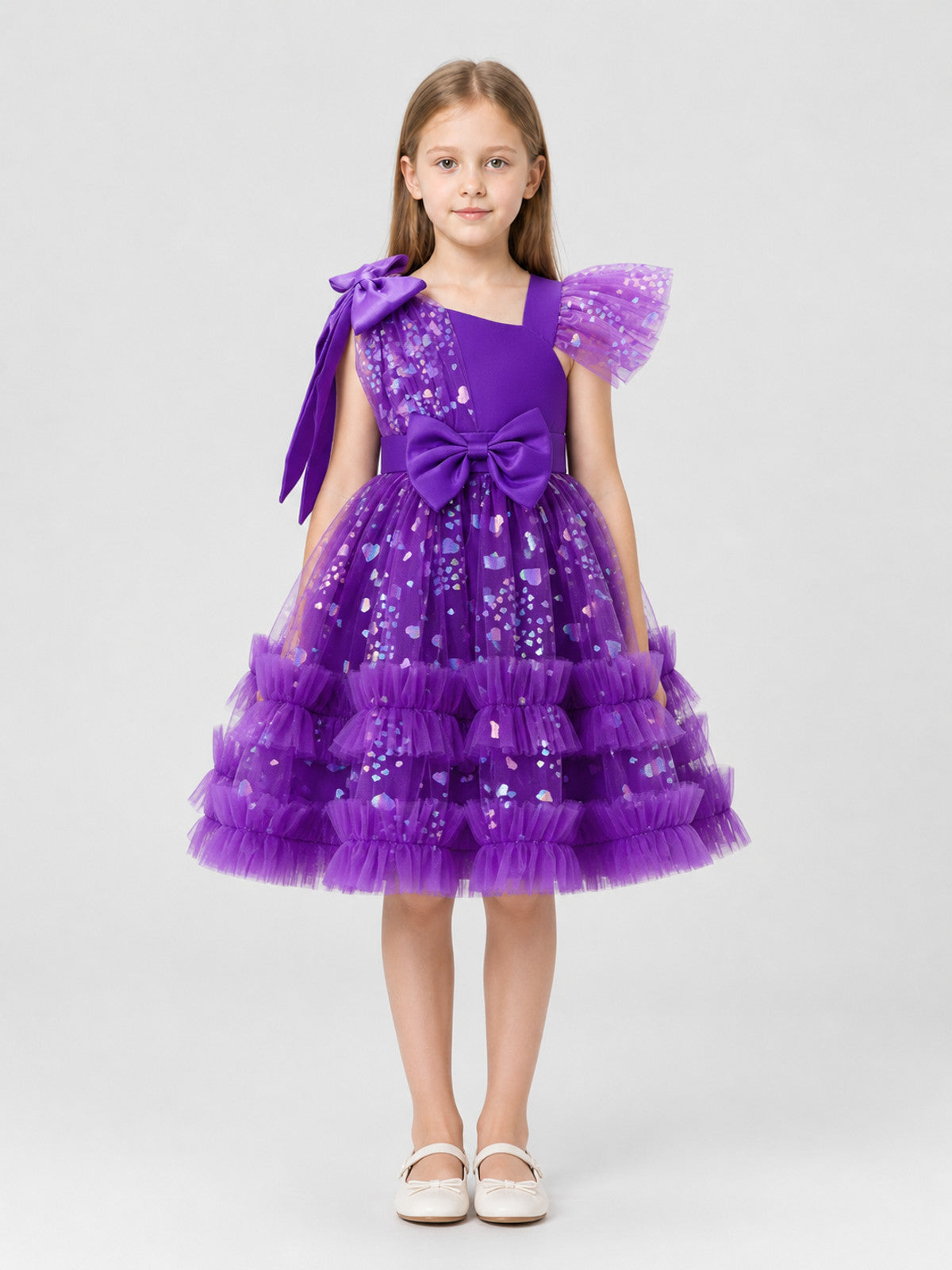 Girls’ Purple Sequin Dress with a Full Skirt on-model view