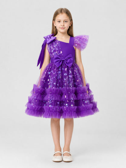 Girls’ Purple Sequin Dress with a Full Skirt on-model view