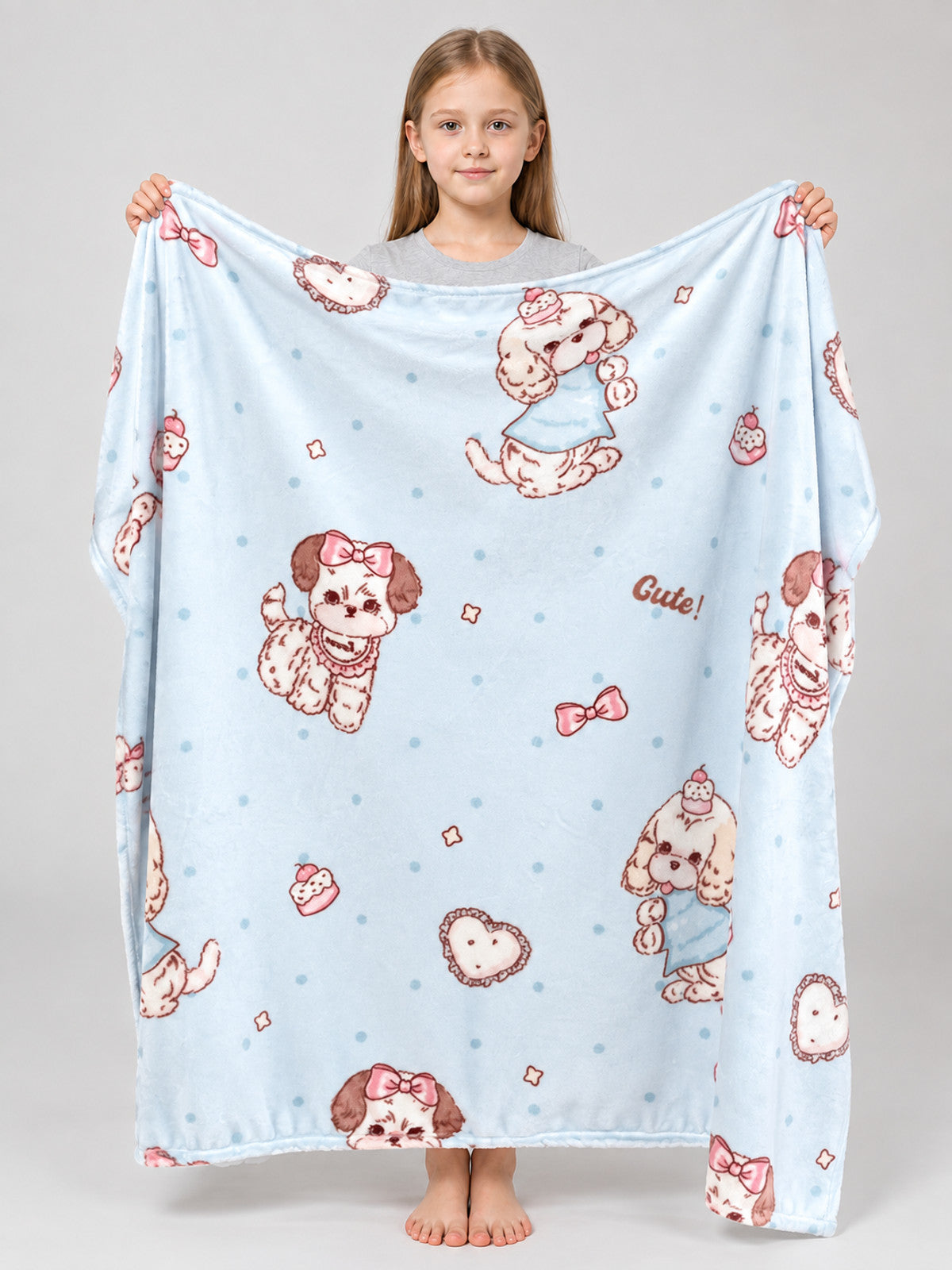 Reversible Light Blue Blanket with Dogs and Hearts