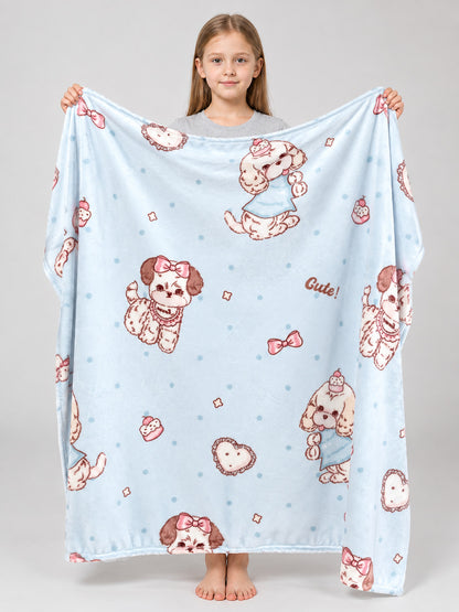 Reversible Light Blue Blanket with Dogs and Hearts