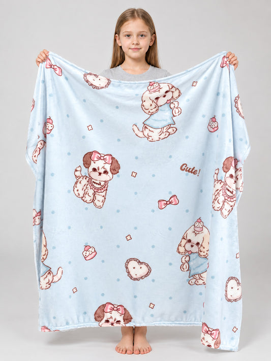 Reversible Light Blue Blanket with Dogs and Hearts