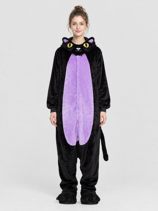 Black Flannel Cat Hooded Kigurumi Pajama