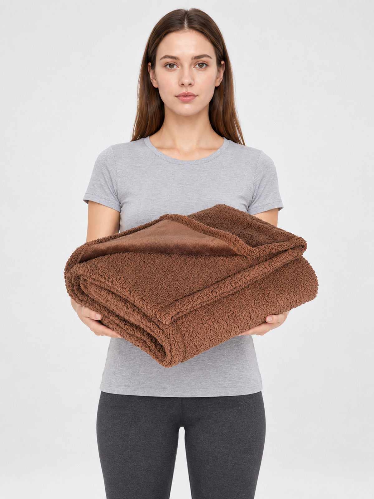 Brown Reversible Pet Blanket on-model view