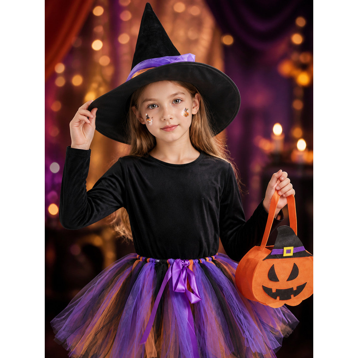 Kids' Halloween Witch Costume Set, Layered Skirt, Hat, Pumpkin Candy Bag & Face on-model view