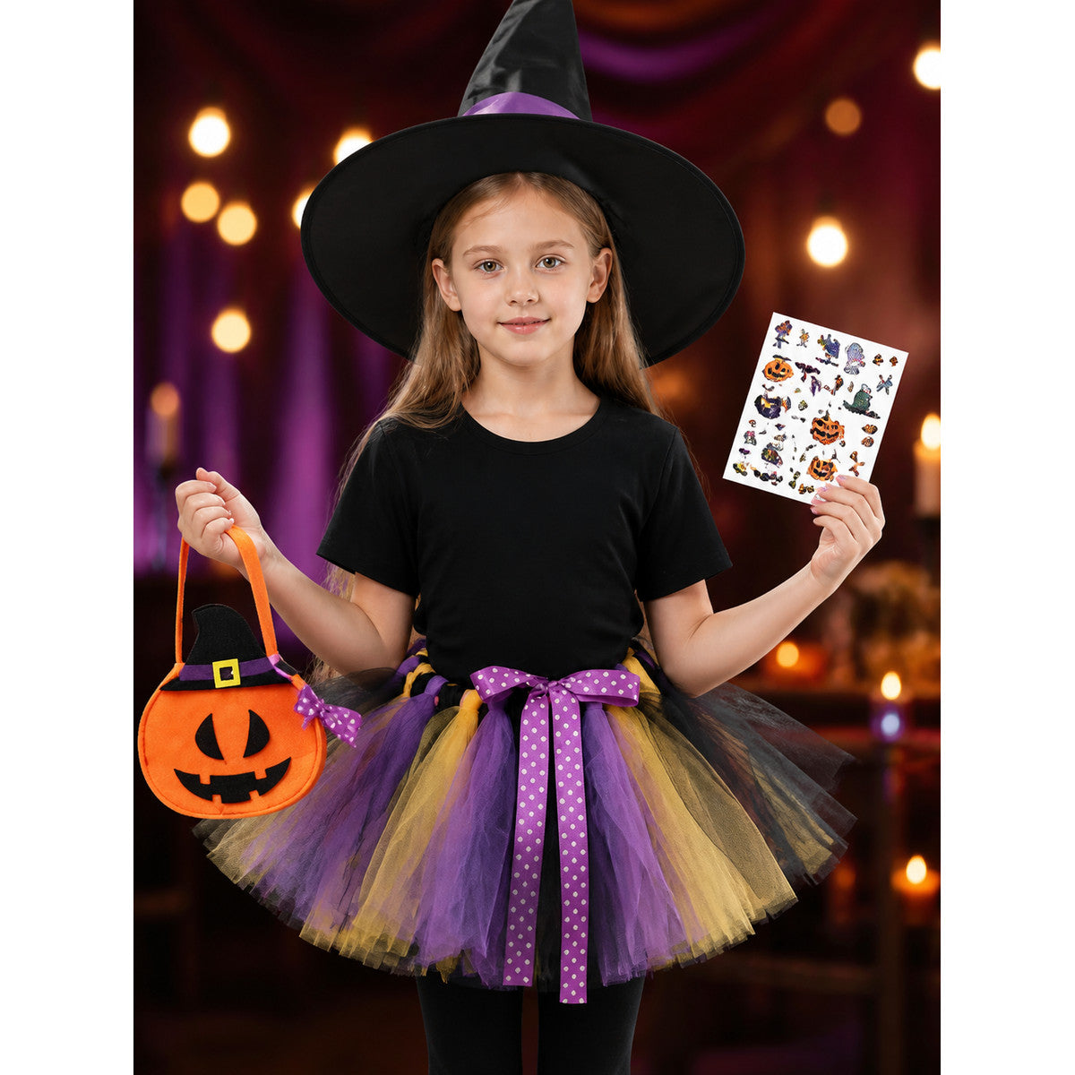Girls' Witch Costume Set, Layered Tutu Skirt With Hat, Candy Bag, Tights &