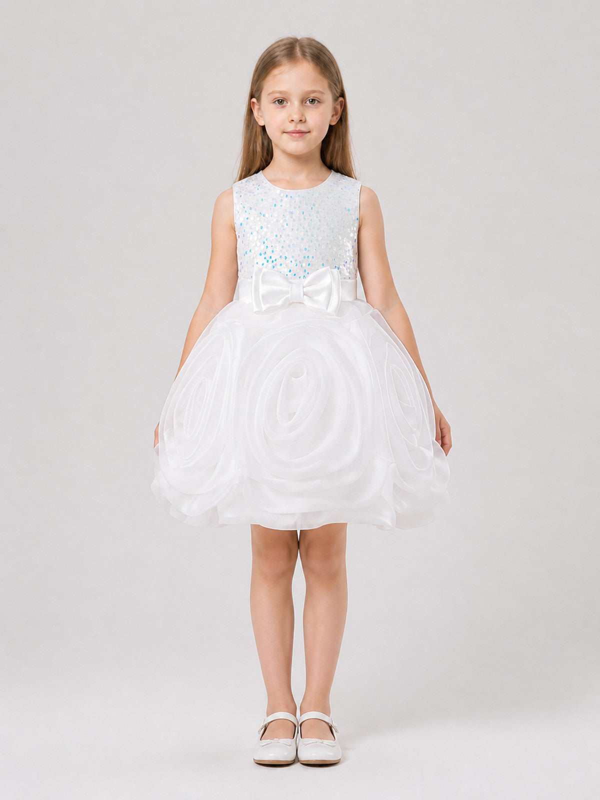 White Princess Dress for Girls with Sequins and Bow on-model view