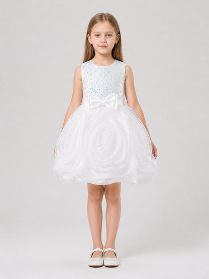 White Princess Dress for Girls with Sequins and Bow on-model view