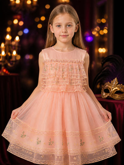 Girls' Pink Princess Party Dress with Floral Pattern and Gold Trim on-model view