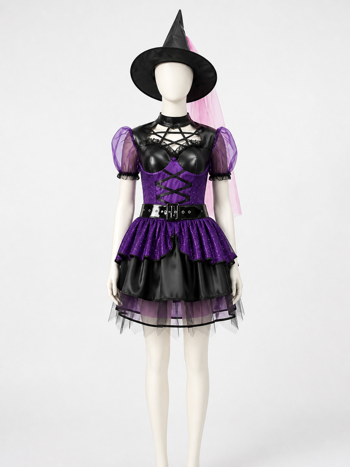 Women's Purple and Black Witch Costume Set, Ruffle Dress and Pointed Hat on-model view