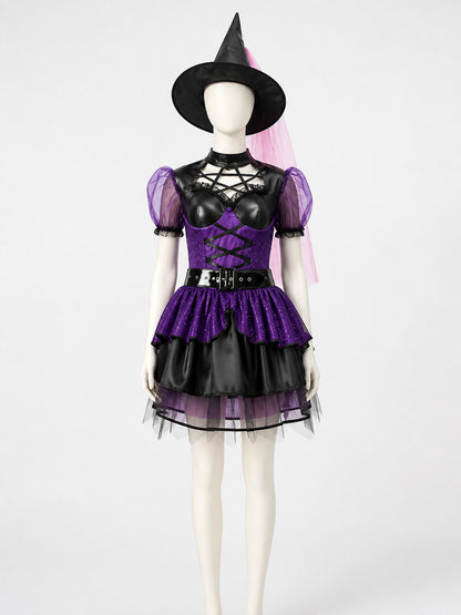 Women's Purple and Black Witch Costume Set, Ruffle Dress and Pointed Hat on-model view