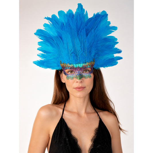 Carnival Feather Headpiece with Blue Feathers and Eye Mask main product view