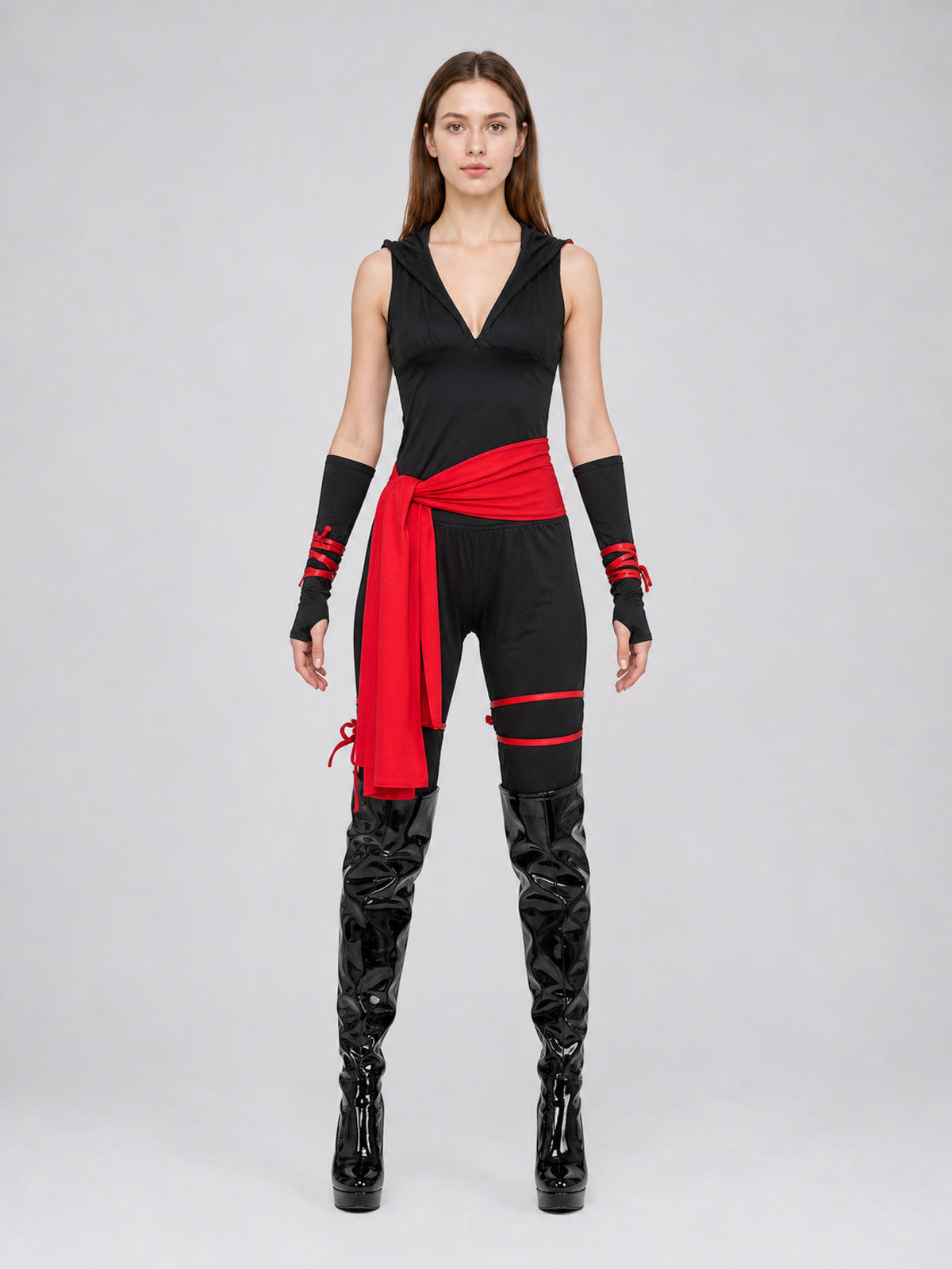 Ninja Costume with Mask and Red Belt front view