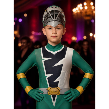 Unisex Green Ranger Bodysuit Costume with Mask, Lightning Print Halloween Outfit on-model view