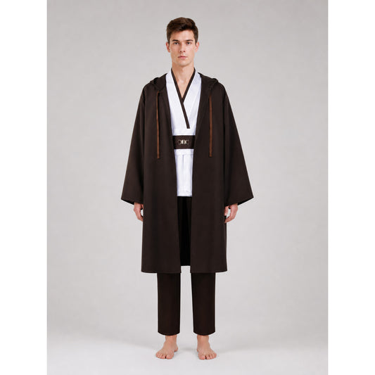 Obi-Wan Cosplay Costume with Hood and Belt on-model view