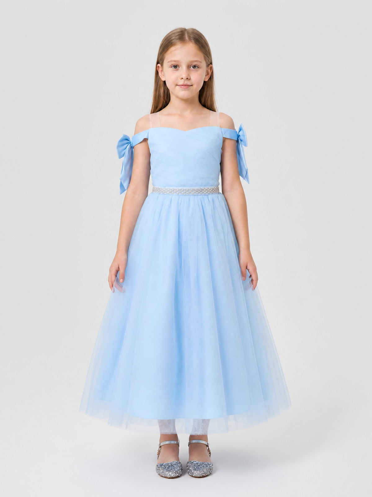 Light Blue Girls' Party Dress with Bow and Full Skirt on-model view