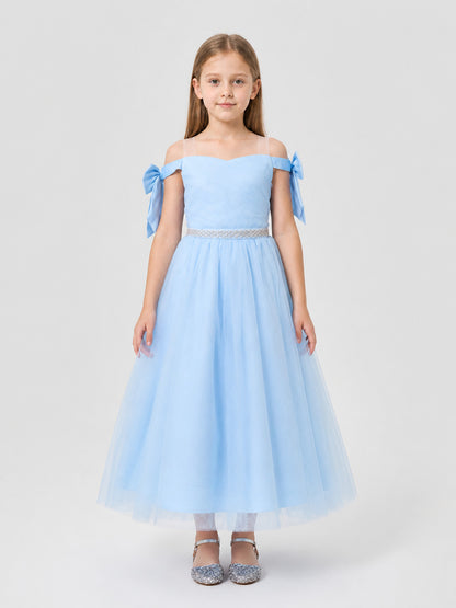 Light Blue Girls' Party Dress with Bow and Full Skirt on-model view