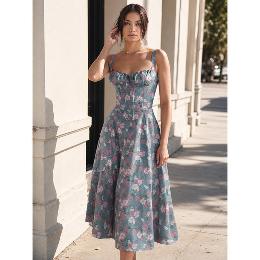 Women's midi dress with a square neckline and print