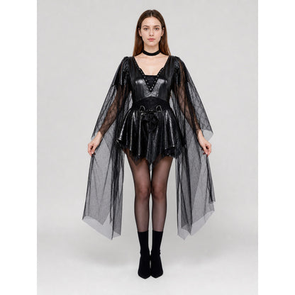 Black vampire costume with cape and mask for a party on-model view