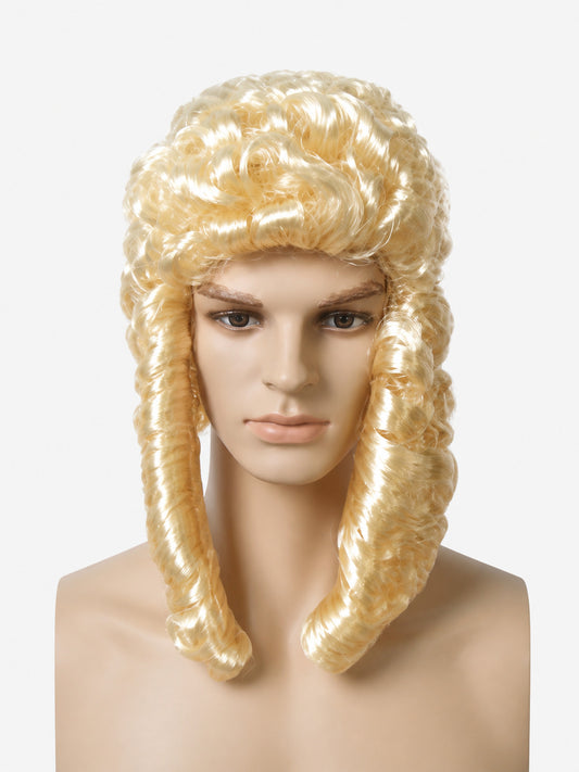 Curly blonde costume wig with shiny waves and long front sections, shown on a mannequin bust against a plain background