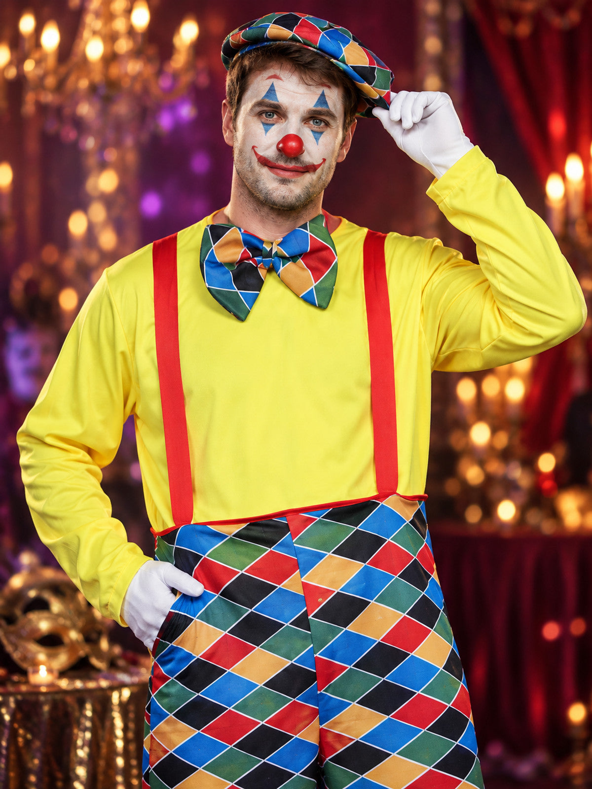 Adult Clown Costume with Hat and Bow Tie