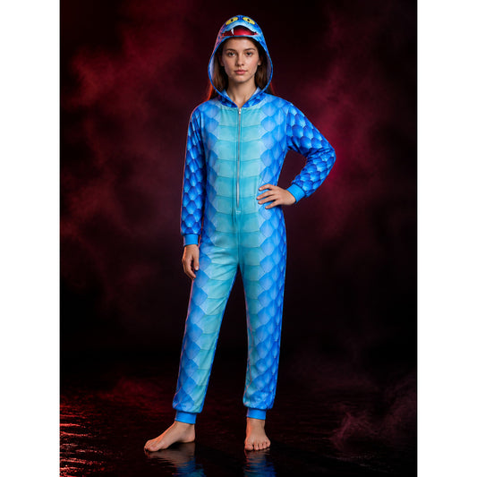 Blue Hooded Monster Animal Onesie Costume with Scale Pattern main product view