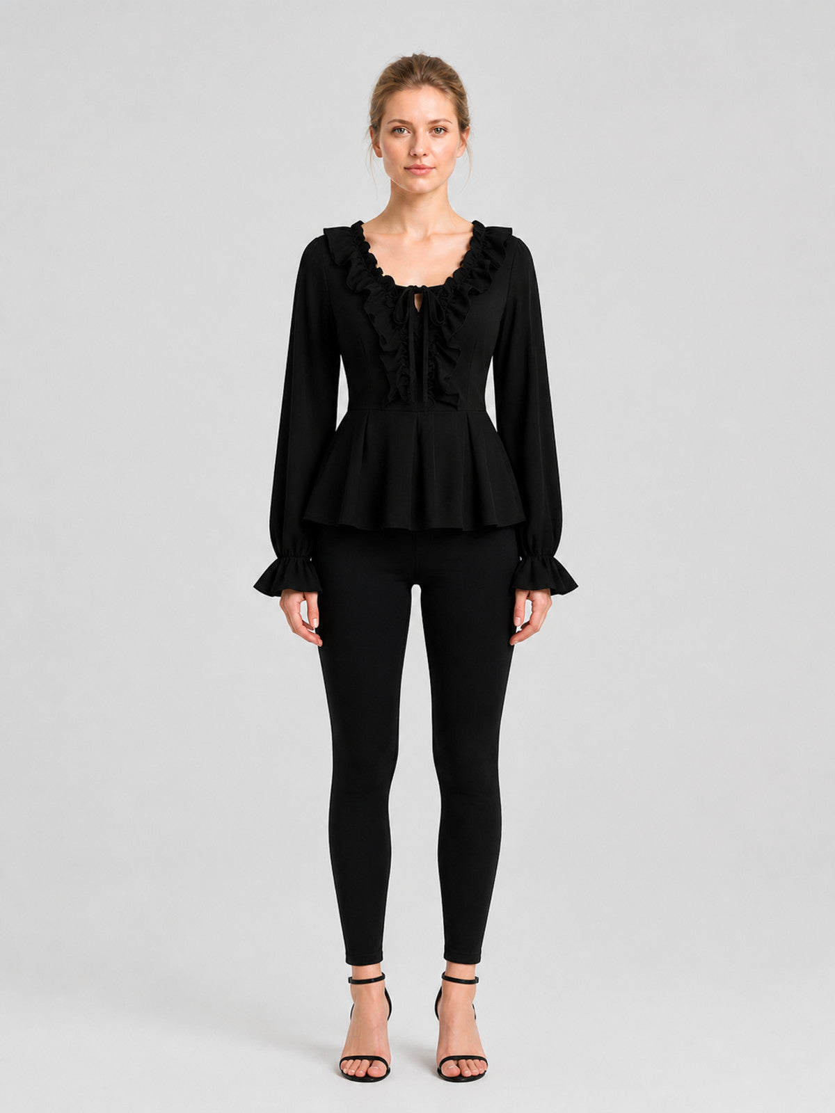 Black Fitted Blouse with Ruffles and Tie on-model view