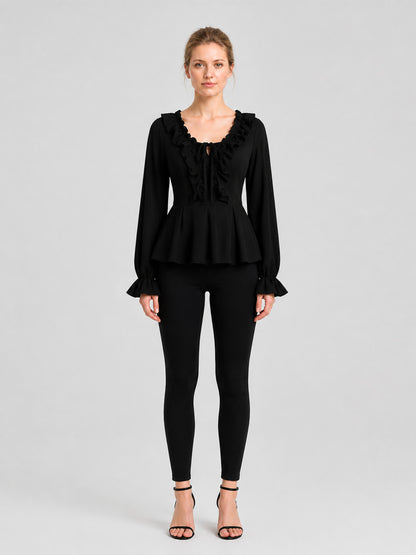 Black Fitted Blouse with Ruffles and Tie on-model view