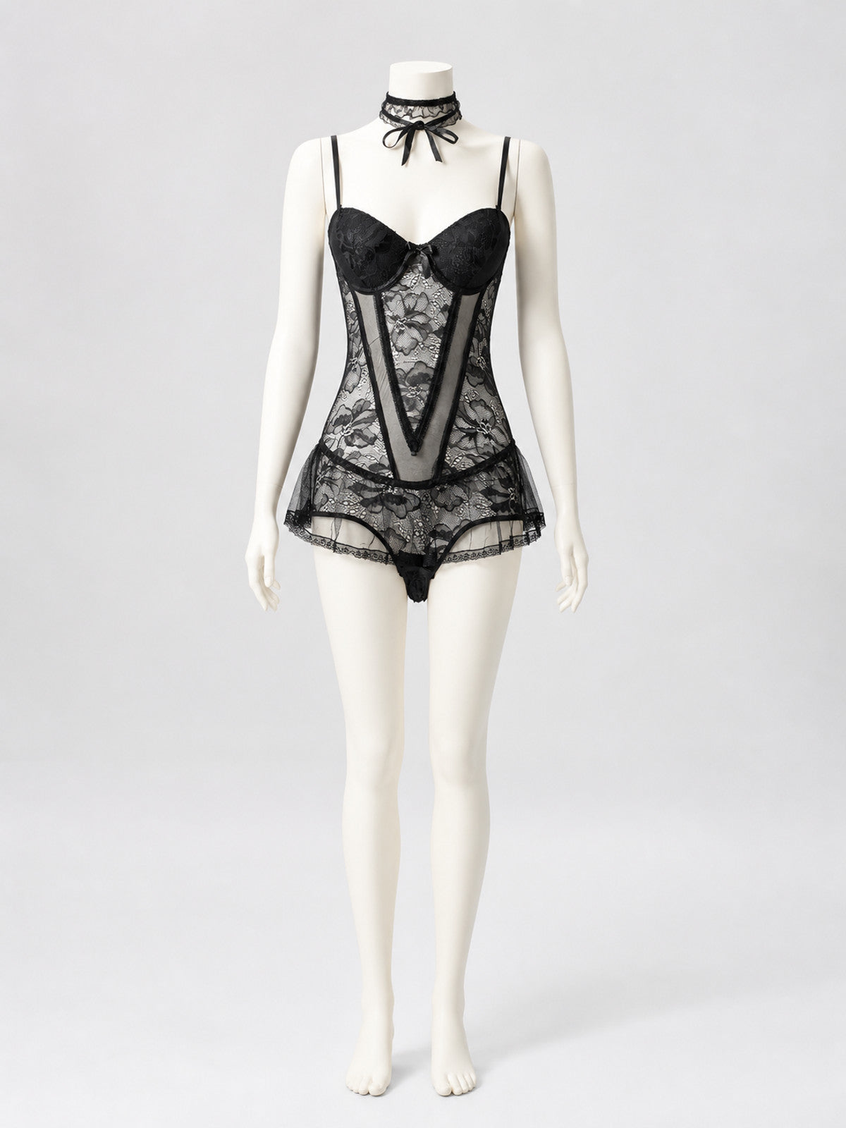 Black Lace Bodysuit with Skirt, Bows, and Ruffles on-model view