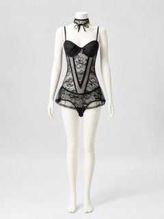 Black Lace Bodysuit with Skirt, Bows, and Ruffles