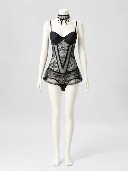 Black Lace Bodysuit with Skirt, Bows, and Ruffles on-model view