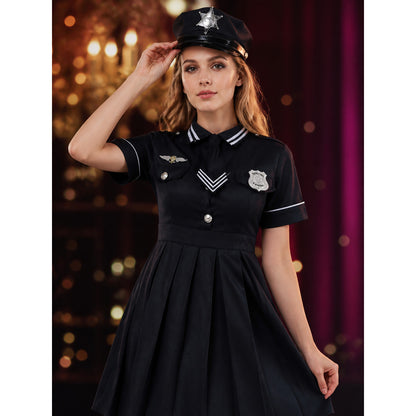Women's Police Costume Dress Set With Hat, Black Short Sleeve Cosplay Outfit on-model view