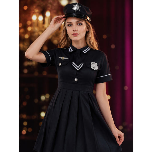 Women's Police Costume Dress Set With Hat, Black Short Sleeve Cosplay Outfit on-model view