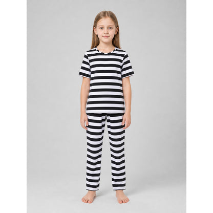 Children’s striped costume for themed outfits. The set is made in contrasting black and white: horizontal stripes appear on the short-sleeve top, pants, and headwear. This pattern immediately creates a recognizable dress-up look and helps a