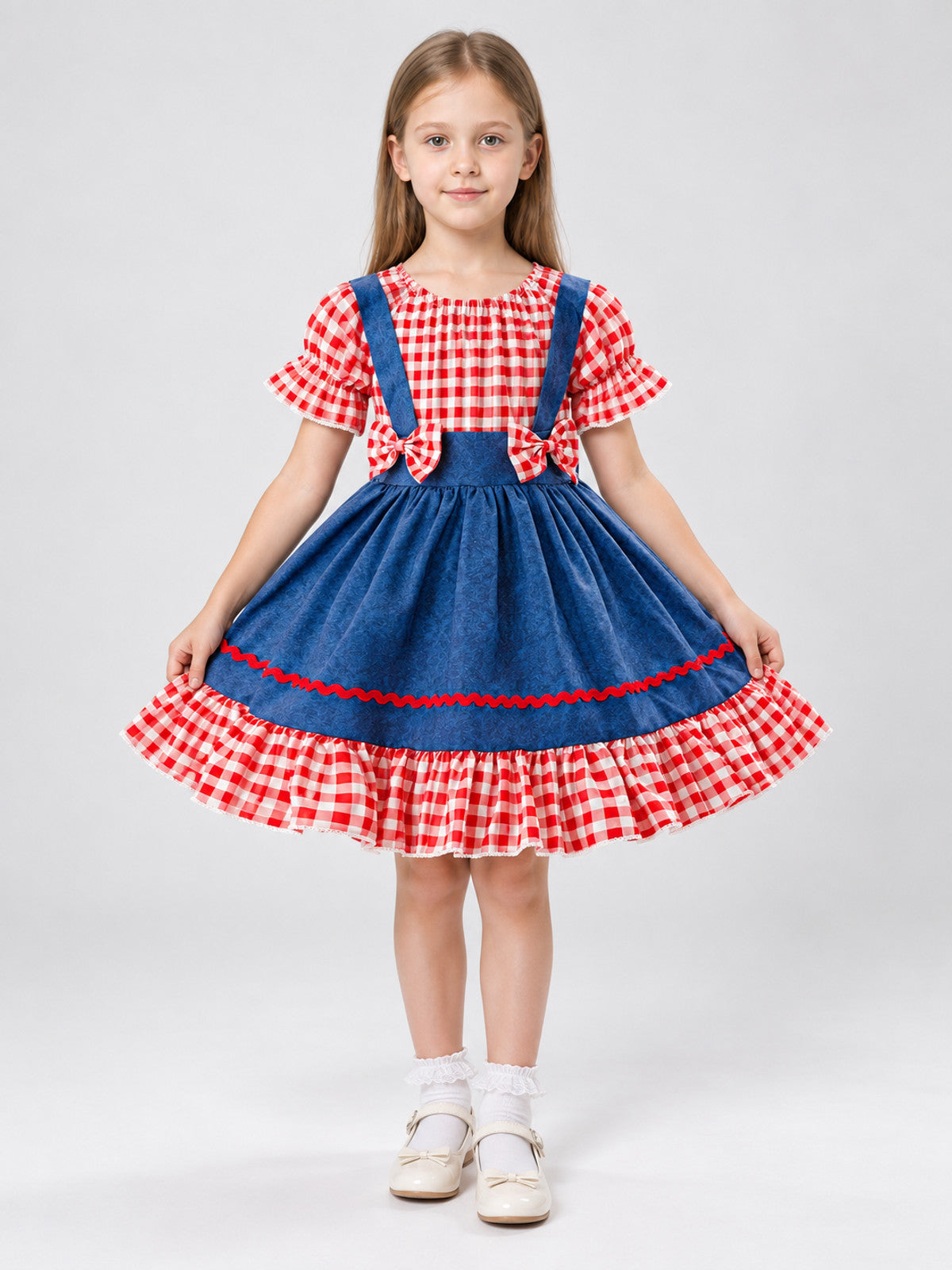 Red Plaid Girls Dress with Bows and Ruffles