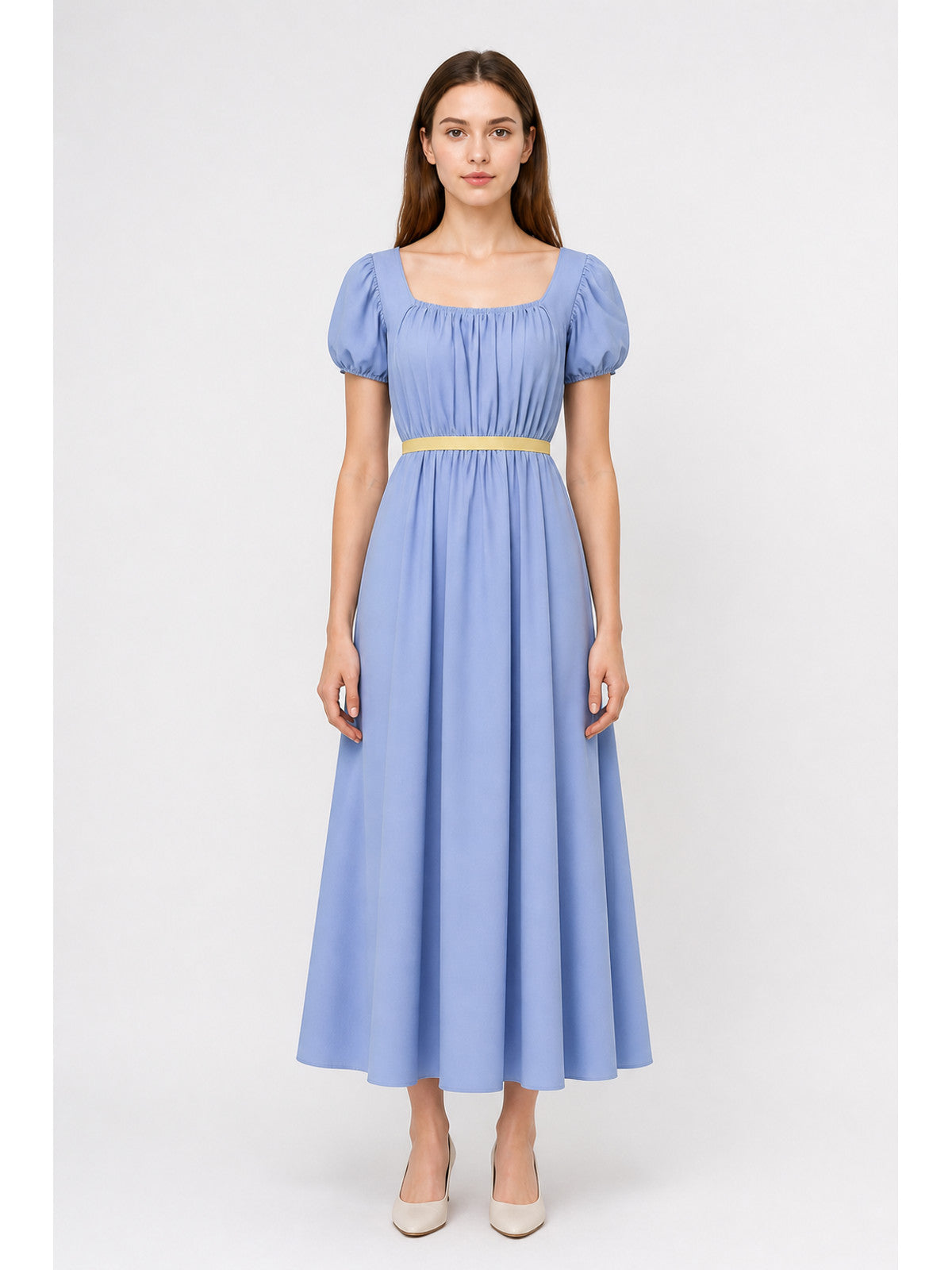 Long Dress with a Square Neckline and Puff Sleeves